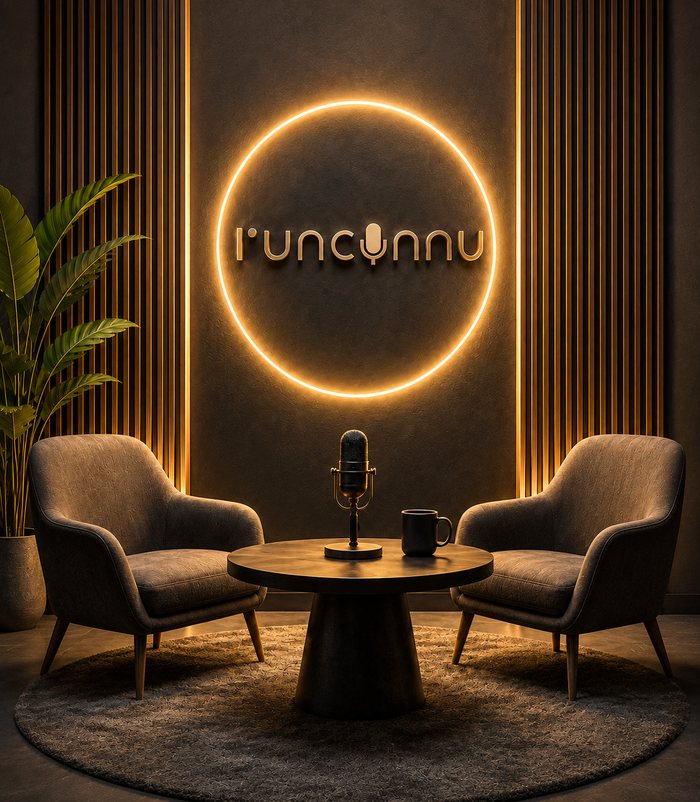Le studio de L'unconnu : deux fauteuils, un micro et l'enseigne lumineuse