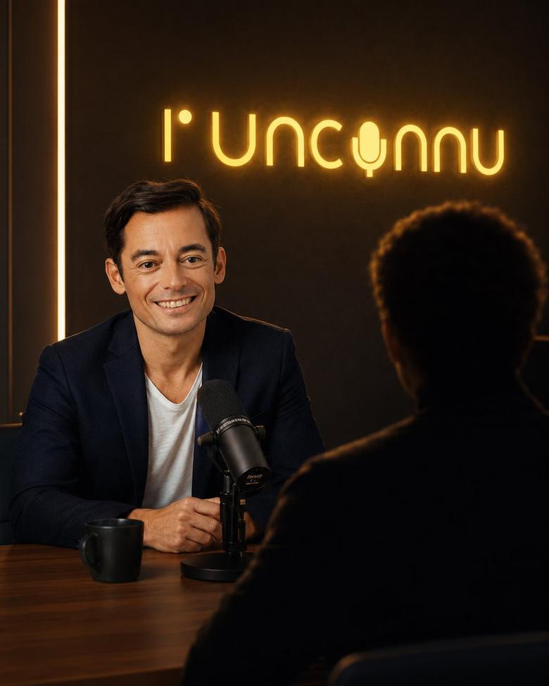 Arnaud Casali face à un invité de dos, studio L'unconnu